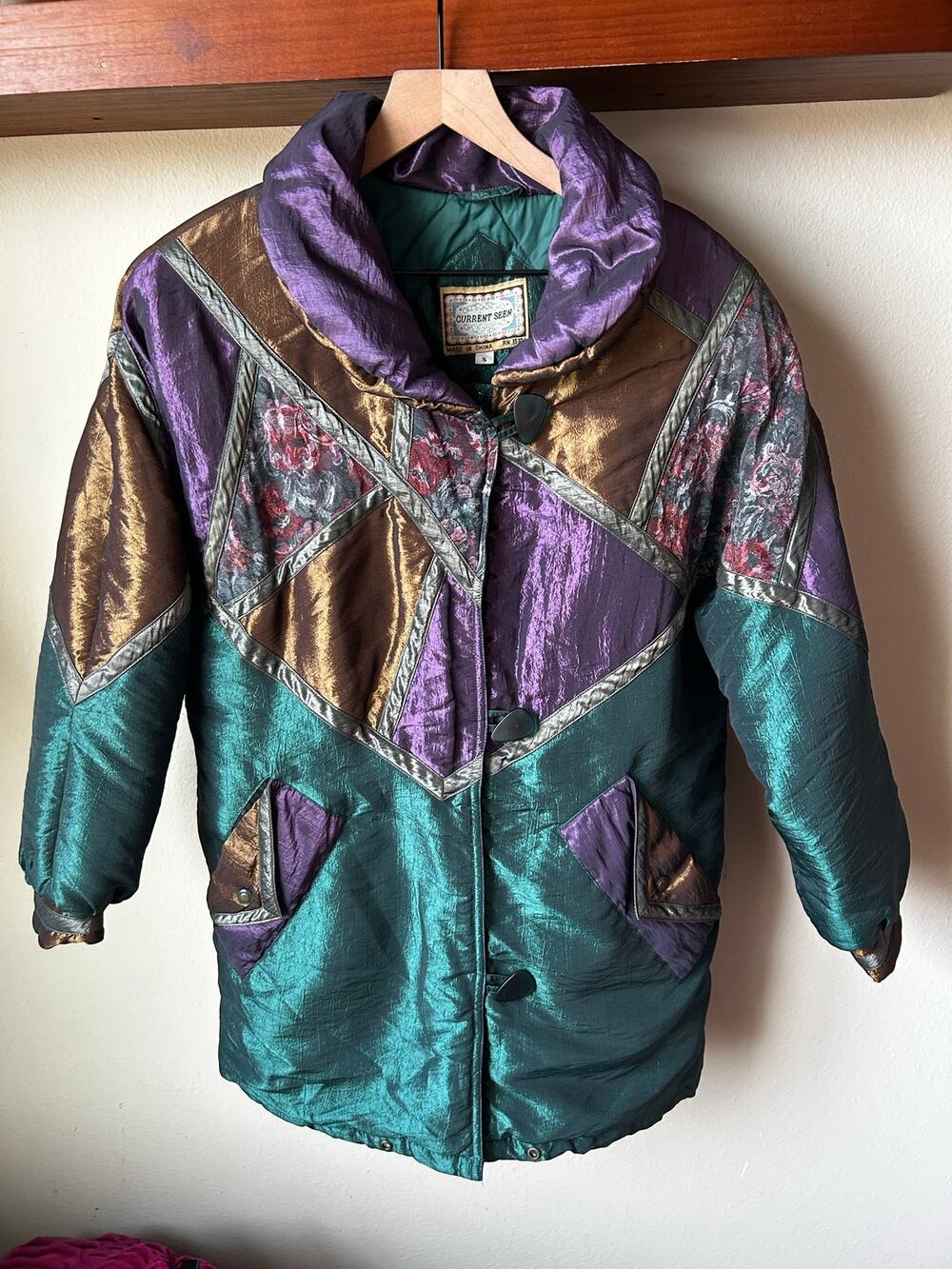 Current Seen Vintage Metallic Quilted Puffer Jacket Purple Teal S